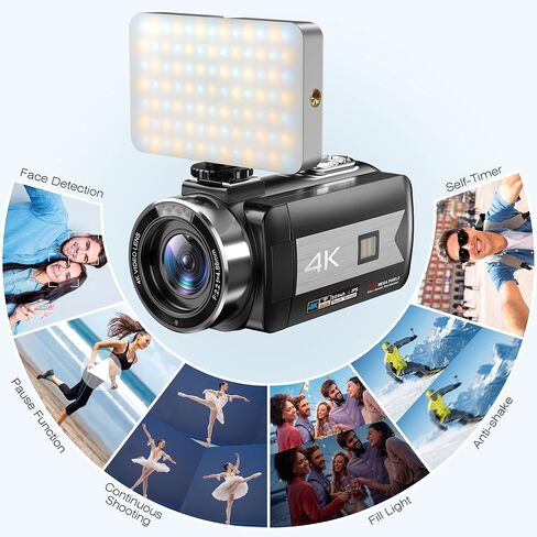 كاميرا فيديو بدقة 4K، كاميرا فيديو تعمل باللمس تدور بزاوية 270 درجة، كاميرا تسجيل فيديو بتكبير رقمي 16X مع ضوء ثلاثي الألوان، كاميرا رؤية ليلية بالأشعة تحت الحمراء بدقة 56 ميجابكسل لليوتيوب، جهاز تحكم عن بعد، بطاريتان in Kuwait