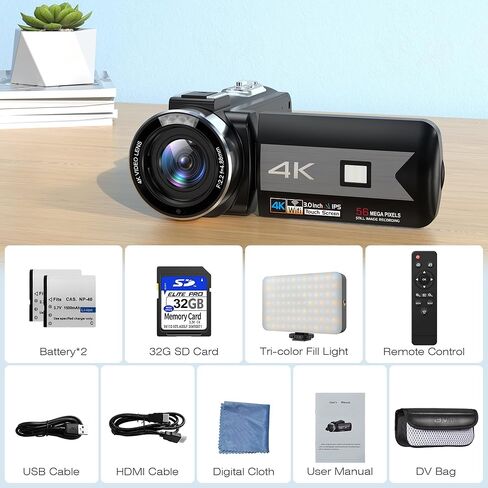 كاميرا فيديو بدقة 4K، كاميرا فيديو تعمل باللمس تدور بزاوية 270 درجة، كاميرا تسجيل فيديو بتكبير رقمي 16X مع ضوء ثلاثي الألوان، كاميرا رؤية ليلية بالأشعة تحت الحمراء بدقة 56 ميجابكسل لليوتيوب، جهاز تحكم عن بعد، بطاريتان in Kuwait