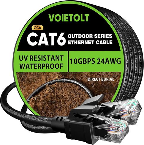 Cat 6 Outdoor Ethernet Cable 100 ft, 24AWG 10Gbps Cat6 Cable Cord Waterproof Direct Burial LLDPE UV Jacket, Internet Network Cable with 20 Ties Support POE Cat6 Cat5e Cat5, CCA, UTP for PC in Kuwait