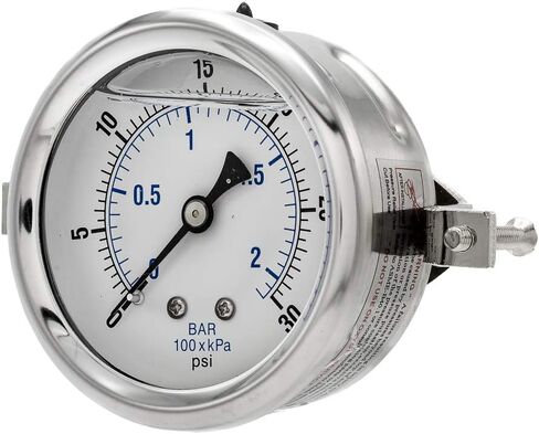 PIC Gauges PRO-203L-254C U-Clamp Panel Mount Glycerin مملوء بمقياس الضغط الصناعي مع حافظة SS، أجزاء داخلية نحاسية، عدسة بلاستيكية، قرص 2.5 بوصة، نطاق 0/30 رطل لكل بوصة مربعة، 1/4 بوصة ذكر NPT in Kuwait