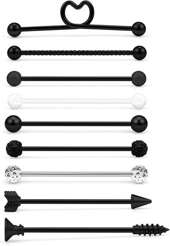 SCERRING 9PCS 14G Stainless Steel Industrial Barbell Cartilage Helix Conch Earring Body Piercing Jewelry 1 1/2Inch(38mm) Heart Arrow Screw Balls For Women Men in Kuwait