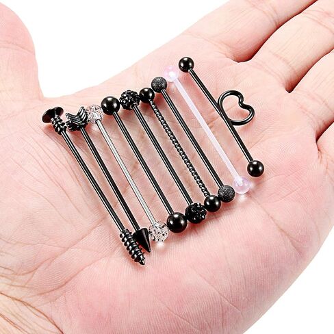 SCERRING 9PCS 14G Stainless Steel Industrial Barbell Cartilage Helix Conch Earring Body Piercing Jewelry 1 1/2Inch(38mm) Heart Arrow Screw Balls For Women Men in Kuwait
