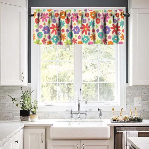 Retro Multicolored Checkered Window Valance Curtain, Colorful Bright Rainbow Modern Simple Groovy Aesthetic Farmhouse Kitchen Valances for Dining Room Canteens Decor 54x18inch in Saudi Arabia