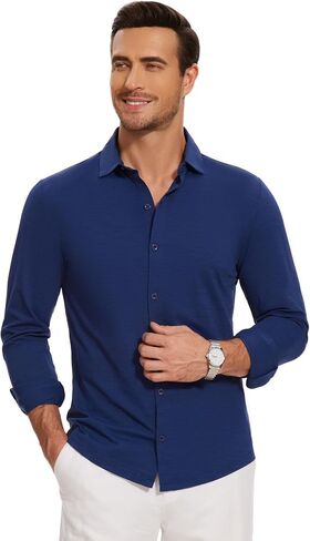Men's Long Sleeve Button Down Shirts Wrinkle Free Business Untucked Stretch Dress Beach Casual Wedding Shirt in Saudi Arabia