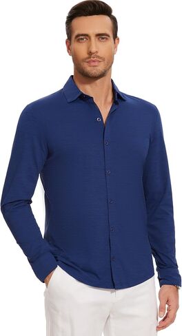 Men's Long Sleeve Button Down Shirts Wrinkle Free Business Untucked Stretch Dress Beach Casual Wedding Shirt in Saudi Arabia