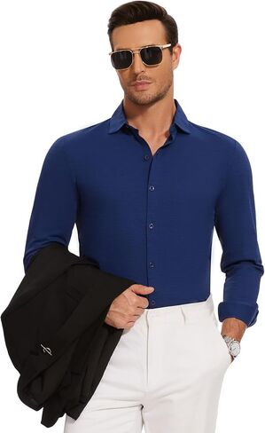 Men's Long Sleeve Button Down Shirts Wrinkle Free Business Untucked Stretch Dress Beach Casual Wedding Shirt in Saudi Arabia