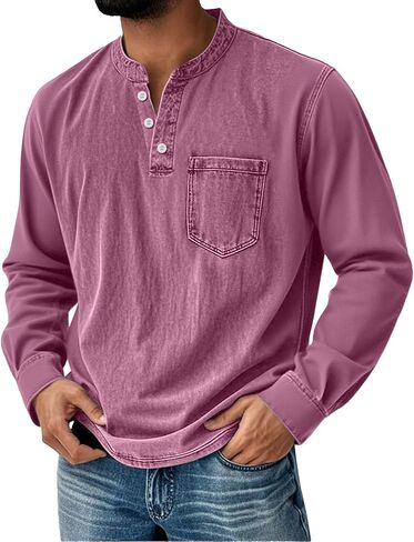Mokaloha Mens Long Sleeve Shirts, Men's Casual Distressed Long Sleeve Henley Shirt Button Stand Collar Acid Washed in Saudi Arabia