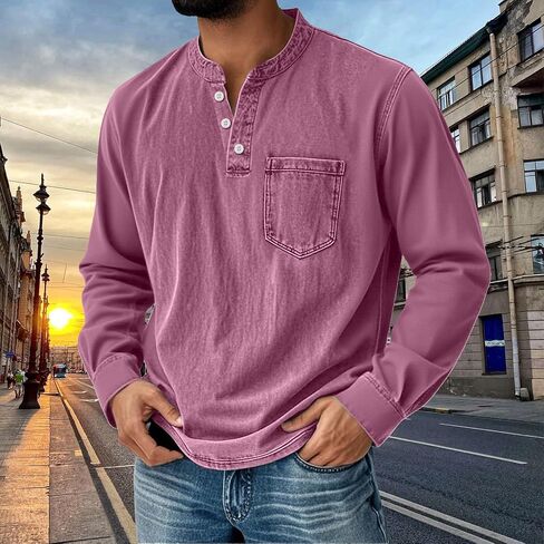 Mokaloha Mens Long Sleeve Shirts, Men's Casual Distressed Long Sleeve Henley Shirt Button Stand Collar Acid Washed in Saudi Arabia