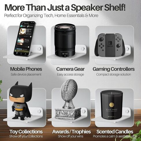 TNP Speaker Shelf Wall Mount - Small Floating Shelf Stand w/Anti Slip for Rear Wireless Speaker - 9" Acrylic Tiny Shelves for Smart Phones, Cameras, Mini Action Figures Decor Display, (2 Pack, Black) in Saudi Arabia