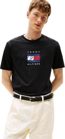 Tommy Hilfiger Men's Short Sleeve Cotton Graphic T-Shirts with Printed Linear Flag Logo Designs in Saudi Arabia