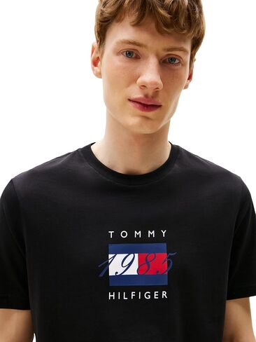 Tommy Hilfiger Men's Short Sleeve Cotton Graphic T-Shirts with Printed Linear Flag Logo Designs in Saudi Arabia