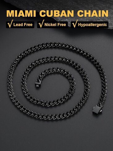U7 Stainless Steel Cuban Link Chain,Black/14K Gold Miami Mens Cuban Chain, 5mm/7mm/9mm/12mm Hip Hop Chains for Men,18-30 inches in Saudi Arabia