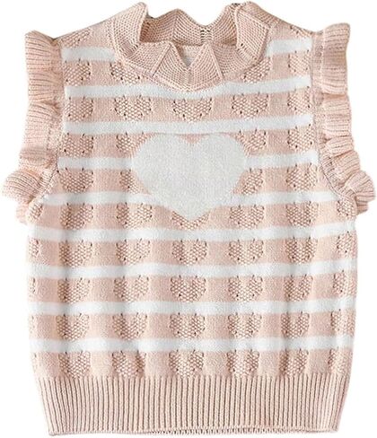 Floerns Toddler Girl's Striped Print Knitwear Pullover Tank Ruffle Trim Sweater Vest in Saudi Arabia