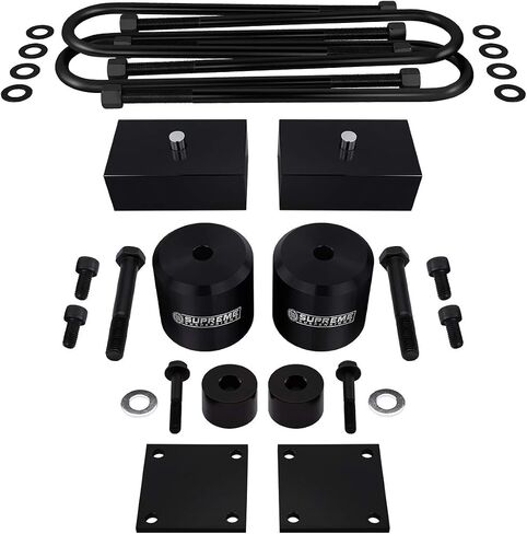 نظام تعليق فائق - طقم رفع كامل لـ 2005-2016 Ford F250 F350 Super Duty 4WD 3 "فواصل زنبركية للرفع الأمامي + 2 كتل رفع خلفية + مسامير U + أقواس خط الفرامل + فواصل إيقاف الصدمات (أسود) in Kuwait