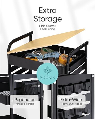Art Cart with Tabletop & Pegboard - 3-Tier Rolling Utility Cart with Wheels, 2 Baskets & 6 Hooks - Metal Storage Organizer for Home, Office, Crafting & Kids’ Art Supplies (White) in Saudi Arabia