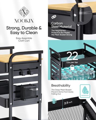 Art Cart with Tabletop & Pegboard - 3-Tier Rolling Utility Cart with Wheels, 2 Baskets & 6 Hooks - Metal Storage Organizer for Home, Office, Crafting & Kids’ Art Supplies (White) in Saudi Arabia