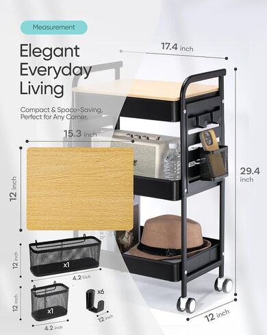 Art Cart with Tabletop & Pegboard - 3-Tier Rolling Utility Cart with Wheels, 2 Baskets & 6 Hooks - Metal Storage Organizer for Home, Office, Crafting & Kids’ Art Supplies (White) in Saudi Arabia