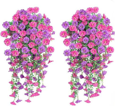 2 Sets of Hanging Flowers, Mixed Textile Morning Glory and Eucalyptus Leaves, UV-Resistant, Real Artificial Plants in Saudi Arabia