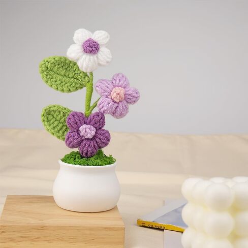 Crochet Small Flowers with Pot, Gradient Handmade Colourful Flowers for Friends, Family and Loved Ones for Home Office Decoration, Car Decoration, Valentine's Day Gifts (Purple) in Saudi Arabia