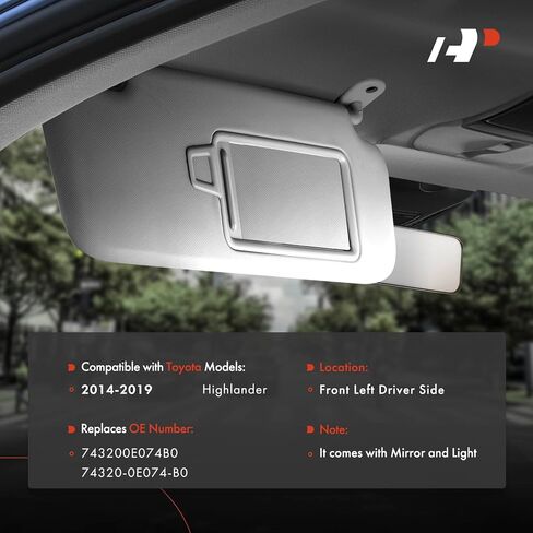 A-Premium Driver Left Side Sun Visor Compatible with Toyota Highlander 2014 2015 2016 2017 2018 2019 - with Vanity Mirror, with Vanity Light, Gray Color - Replaces 743200E074B0, 74320-0E074-B0 in Saudi Arabia