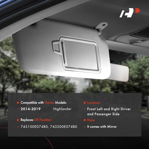 واقي الشمس من الجانب الأيسر للسائق من A-Premium متوافق مع Toyota Highlander 2014 2015 2016 2017 2018 2019 - مع مرآة فانيتي، مع ضوء فانيتي، لون رمادي - يستبدل 743200E074B0، 74320-0E074-B0 in Kuwait