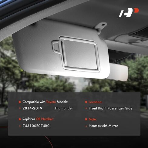 واقي الشمس من الجانب الأيسر للسائق من A-Premium متوافق مع Toyota Highlander 2014 2015 2016 2017 2018 2019 - مع مرآة فانيتي، مع ضوء فانيتي، لون رمادي - يستبدل 743200E074B0، 74320-0E074-B0 in Kuwait