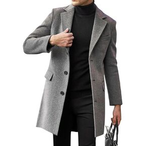 utcoco Men's Mid-Length Single Breasted Suit Jacket Chunky Long Sleeve Wool Blend Overcoat in Kuwait