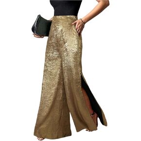 MakeMeChic Women's Metallic Split Side Hem Long Pants High Waist Wide Leg Loose Trousers with Pockets in Kuwait