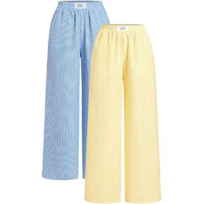 SOLY HUX Women's Striped Pants Elastic Waist Wide Leg Baggy Sweatpants Lounge Pants 2 Packs in Kuwait