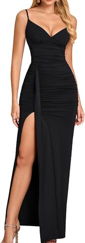 GLNEGE Bodycon شق الخريف الزفاف ضيوف رسمي ماكسي فساتين السباغيتي الخامس الرقبة مكشكش فستان كوكتيل أنيق للنساء in Kuwait