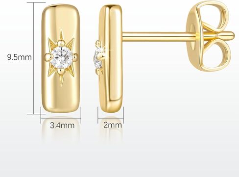 14K Gold Earrings for Women Gold Studs Earrings for Women Stud Earring for Womens Studs Rectangular Shape with Octagram Cubic Zirconia Cute Stud Earring for Womens 9.5mm in Saudi Arabia