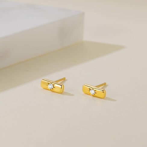 14K Gold Earrings for Women Gold Studs Earrings for Women Stud Earring for Womens Studs Rectangular Shape with Octagram Cubic Zirconia Cute Stud Earring for Womens 9.5mm in Saudi Arabia