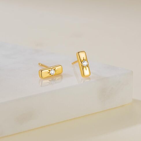 14K Gold Earrings for Women Gold Studs Earrings for Women Stud Earring for Womens Studs Rectangular Shape with Octagram Cubic Zirconia Cute Stud Earring for Womens 9.5mm in Saudi Arabia