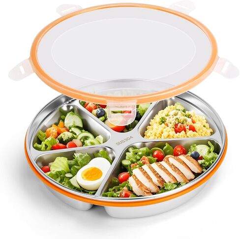 Stainless Steel Portion Control Plate with Lids, Four-Compartment Divided Plates, 9in Deep Divided Lunch Boxes with Secure Locking Plastic Lids, Reusable Camping Serving Dinner Plates in Saudi Arabia