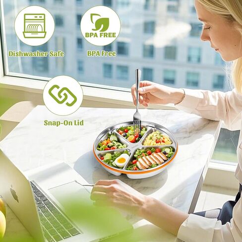 Stainless Steel Portion Control Plate with Lids, Four-Compartment Divided Plates, 9in Deep Divided Lunch Boxes with Secure Locking Plastic Lids, Reusable Camping Serving Dinner Plates in Saudi Arabia