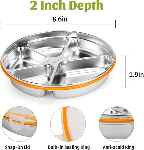 Stainless Steel Portion Control Plate with Lids, Four-Compartment Divided Plates, 9in Deep Divided Lunch Boxes with Secure Locking Plastic Lids, Reusable Camping Serving Dinner Plates in Saudi Arabia