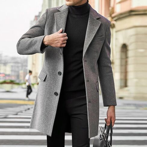 utcoco Men's Mid-Length Single Breasted Suit Jacket Chunky Long Sleeve Wool Blend Overcoat in Saudi Arabia