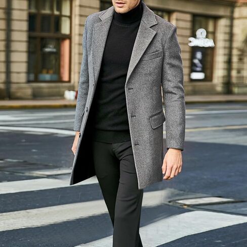 utcoco Men's Mid-Length Single Breasted Suit Jacket Chunky Long Sleeve Wool Blend Overcoat in Saudi Arabia