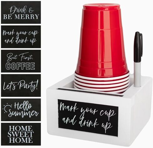 White Wood Mark Your Cup and Drink Up Cup Holder - Hosting Essentials Cup Dispenser with Interchangeable Signs- Coffee Cup Holder with Marker Slot- Rustic Farmhouse Decor Brunch Supplies in Saudi Arabia