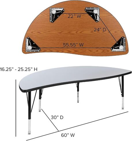 Flash Furniture 60" Half Circle Wave Collaborative Grey Thermal Laminate Activity Table - Height Adjustable Short Legs in Saudi Arabia