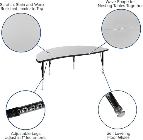 Flash Furniture 60" Half Circle Wave Collaborative Grey Thermal Laminate Activity Table - Height Adjustable Short Legs in Saudi Arabia