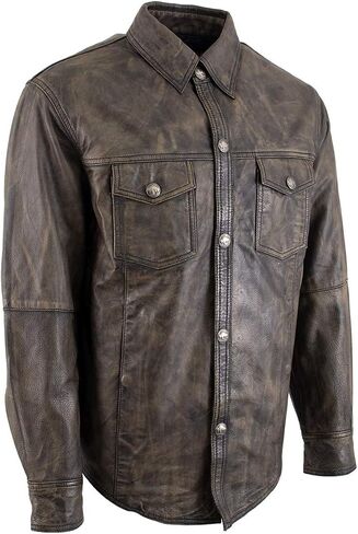 Milwaukee Leather MLM1613 Men's Distressed Brown Casual Biker Rider Leather Shirt w/Vintage 5 Cent Buffalo Buttons in Saudi Arabia
