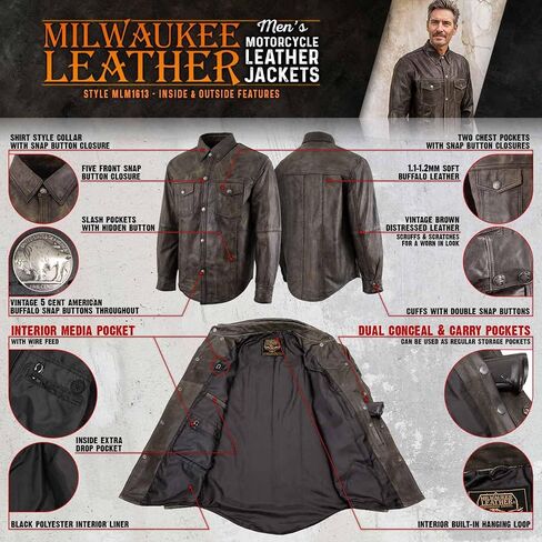 Milwaukee Leather MLM1613 Men's Distressed Brown Casual Biker Rider Leather Shirt w/Vintage 5 Cent Buffalo Buttons in Saudi Arabia