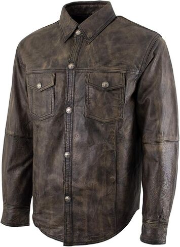 Milwaukee Leather MLM1613 Men's Distressed Brown Casual Biker Rider Leather Shirt w/Vintage 5 Cent Buffalo Buttons in Saudi Arabia