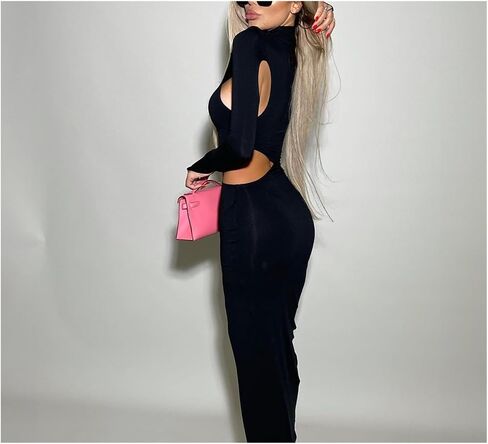 High Neck Long Sleeve Cutout High Slit Dress Sexy Elegant Formal Party Floor-Length Dress in Saudi Arabia