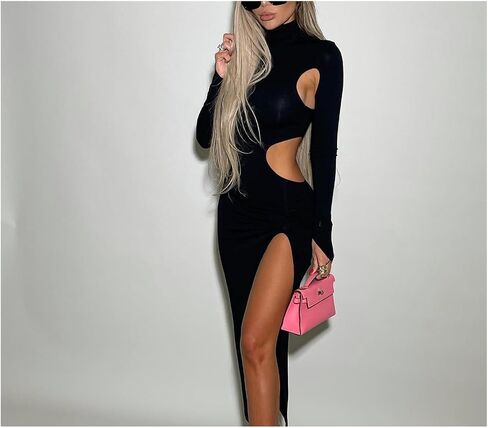 High Neck Long Sleeve Cutout High Slit Dress Sexy Elegant Formal Party Floor-Length Dress in Saudi Arabia