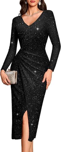 Bbonlinedress Women Maxi Long Split V Neck Wrap Wedding Guest Dress Long Sleeve Glitter Sequin for Gowns Cocktail in Saudi Arabia