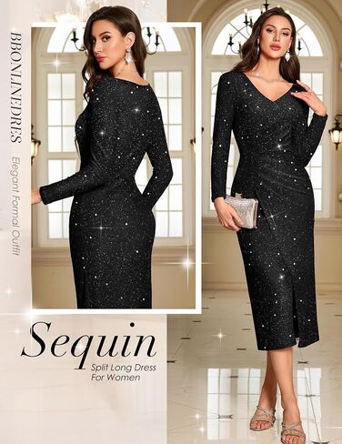Bbonlinedress Women Maxi Long Split V Neck Wrap Wedding Guest Dress Long Sleeve Glitter Sequin for Gowns Cocktail in Saudi Arabia