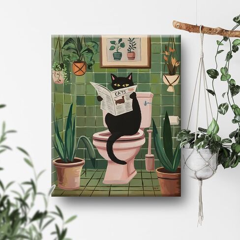 Funny Bathroom Wall Art Black Cat Reading Newspaper on Toilet Picture Print Botanical Artwork Poster Bathroom Wall Decor 8X10 Inches in Saudi Arabia