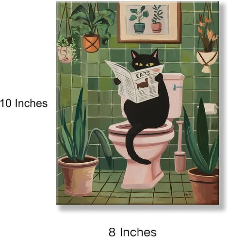 Funny Bathroom Wall Art Black Cat Reading Newspaper on Toilet Picture Print Botanical Artwork Poster Bathroom Wall Decor 8X10 Inches in Saudi Arabia